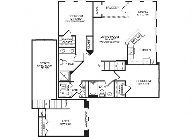 Floor plan for 2 beds, 2 baths, 1411 sqft